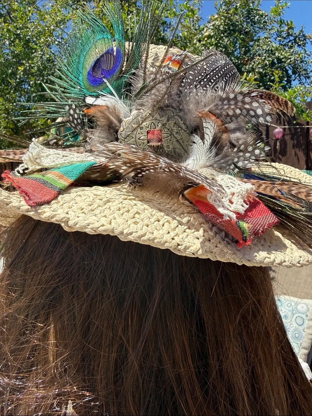 Custom straw cowboy hat w Peacock,feathers leather ,vintage cloth, card sheriff